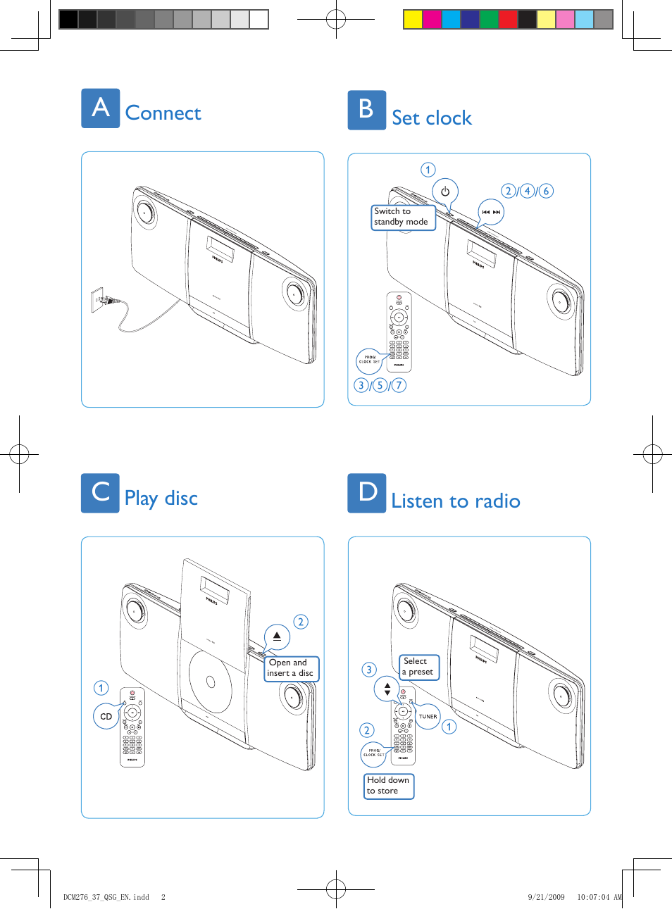 Connect set clock, Play disc listen to radio | Philips DCM276-37 User Manual | Page 2 / 3