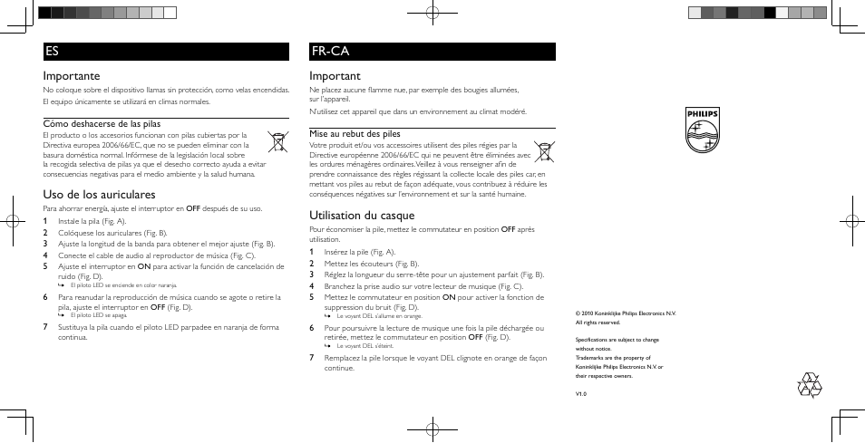 Fr-ca, Importante, Uso de los auriculares | Important, Utilisation du casque | Philips SHN5200-28 User Manual | Page 2 / 2