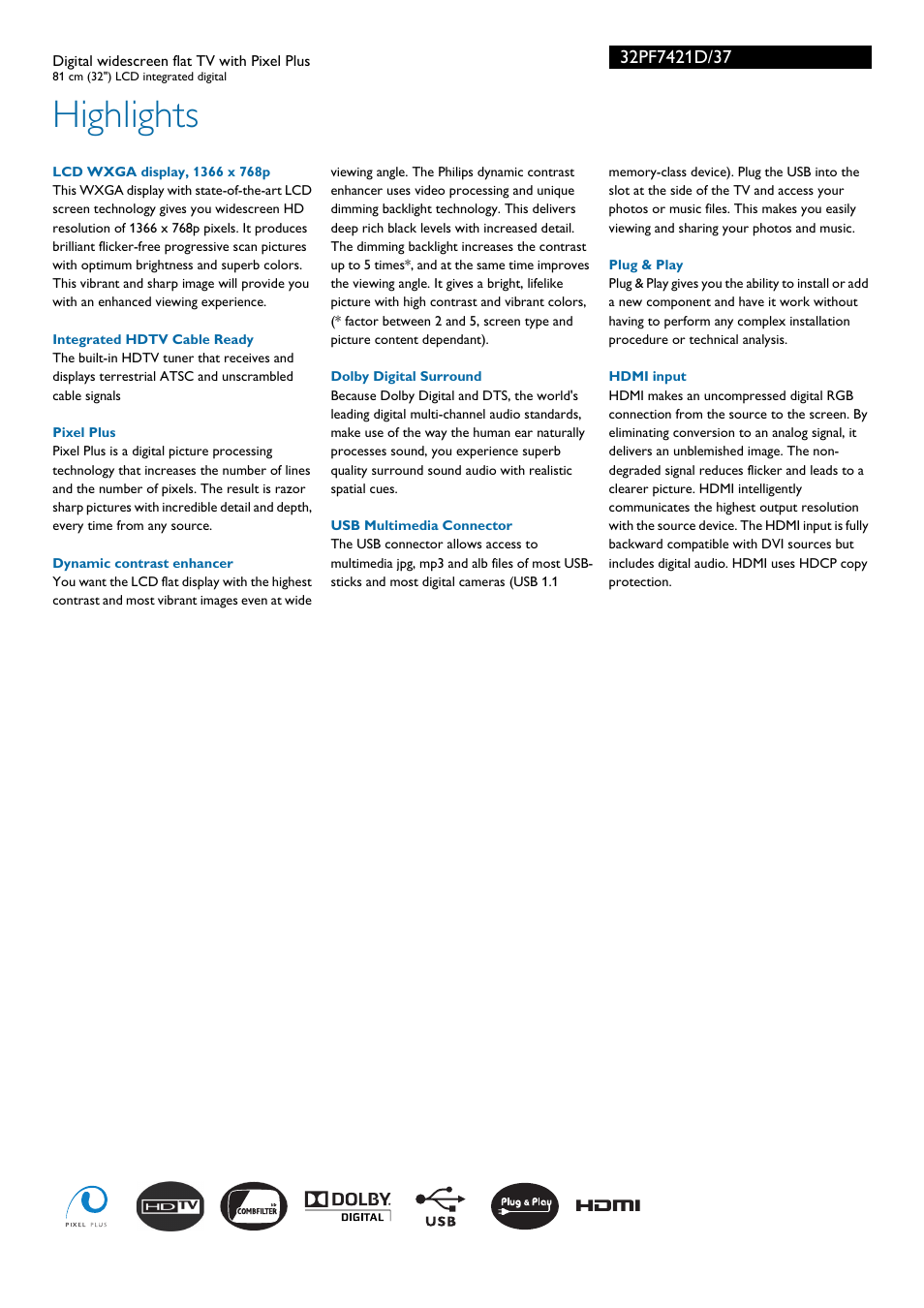 Highlights | Philips 32PF7421D-37B User Manual | Page 2 / 3