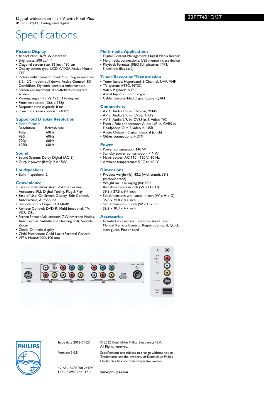 Specifications | Philips 32PF7421D-37B User Manual | Page 3 / 3