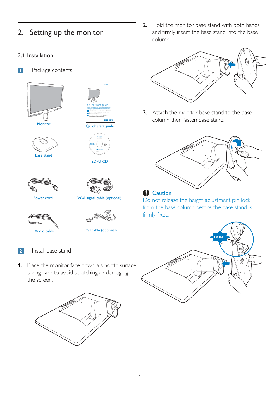 Setting up the monitor, 1 installation package contents | Philips Brilliance LCD monitor with PowerSensor 235B2CS B-line 23" 58.4 cm Full HD User Manual | Page 6 / 60