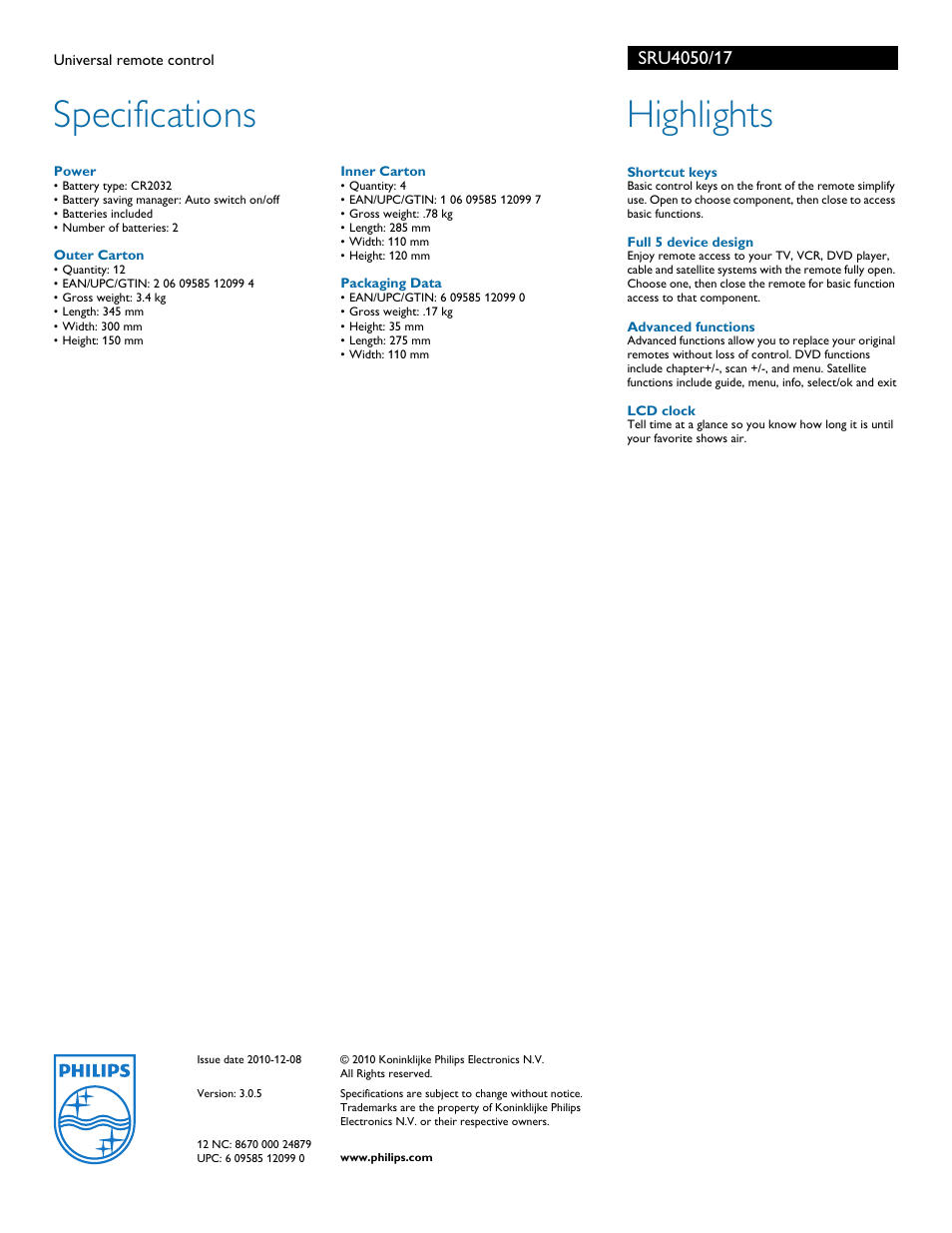 Specifications, Highlights | Philips SRU4050-17 User Manual | Page 2 / 2