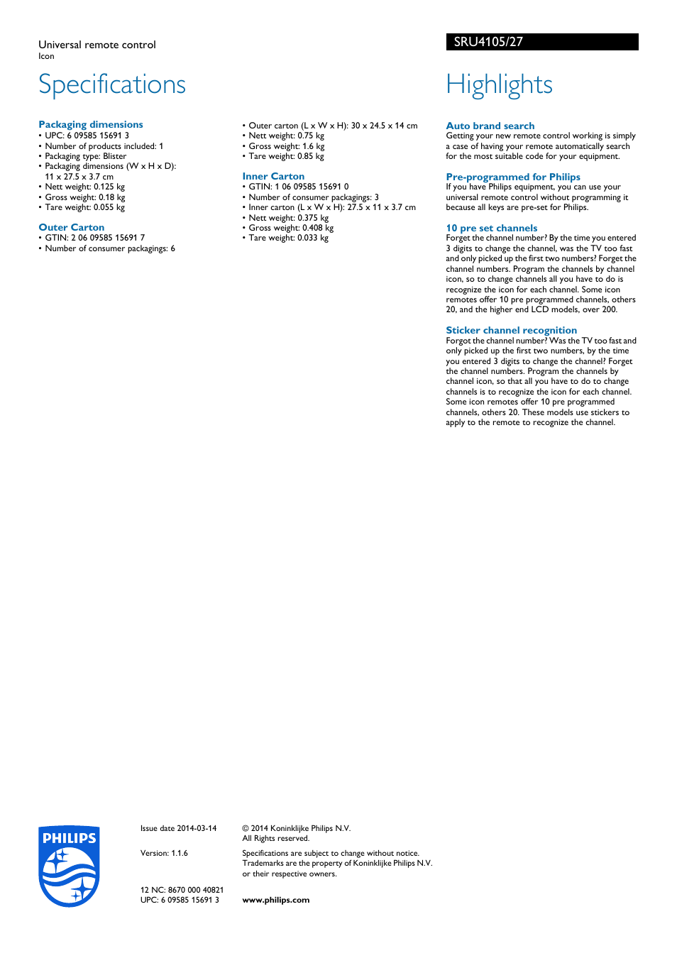 Specifications, Highlights | Philips SRU4105-27 User Manual | Page 2 / 2