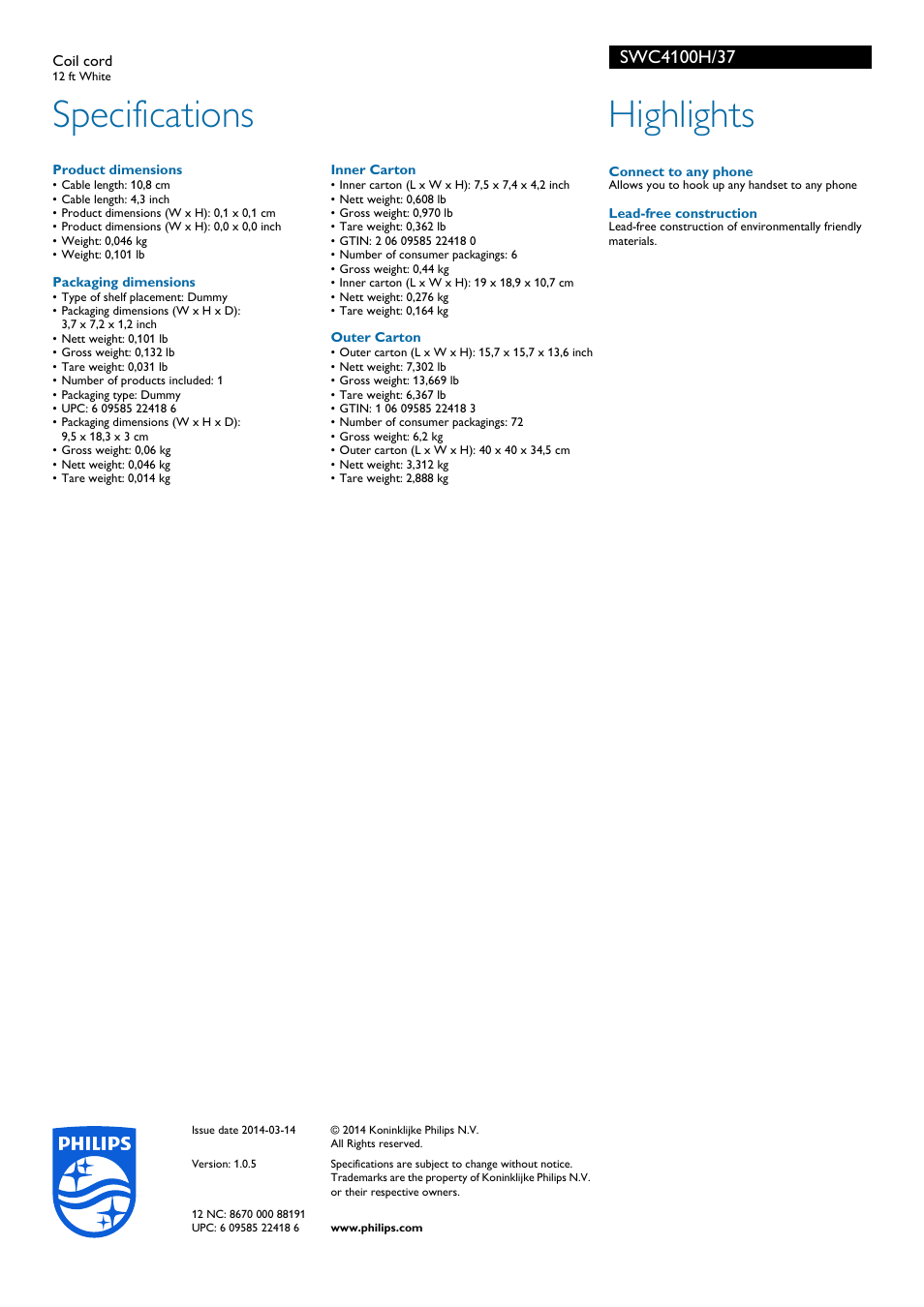 Specifications, Highlights | Philips SWC4100H-37 User Manual | Page 2 / 2