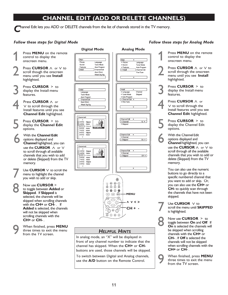 Channel edit (add or delete channels) | Philips 32PT9100D-37B User Manual | Page 11 / 43