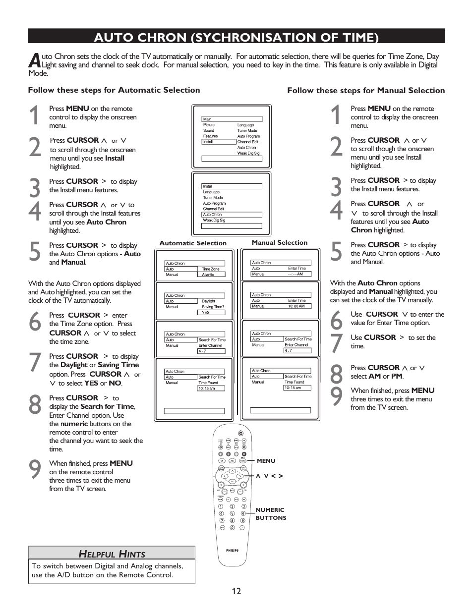 Auto chron (sychronisation of time) | Philips 32PT9100D-37B User Manual | Page 12 / 43