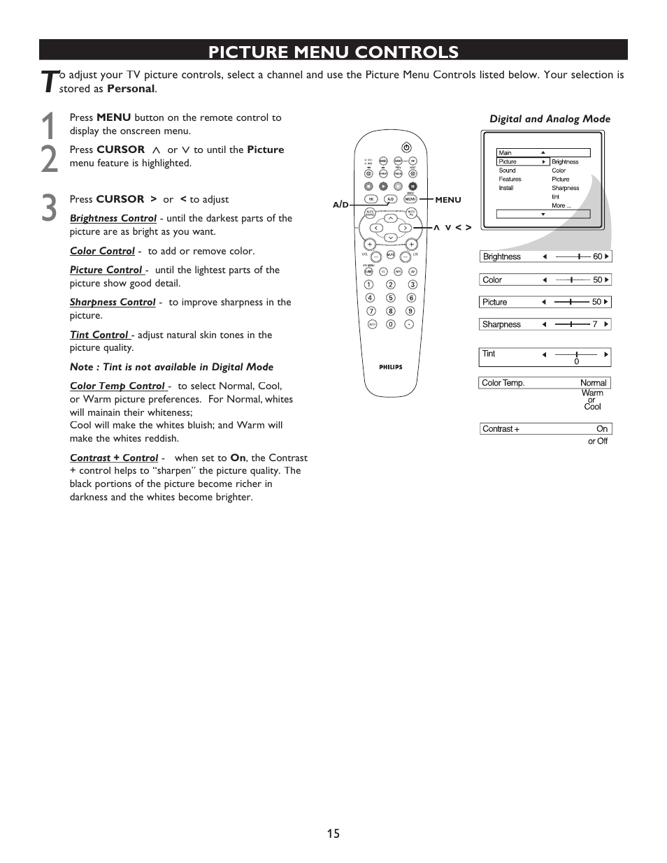 Picture menu controls | Philips 32PT9100D-37B User Manual | Page 15 / 43