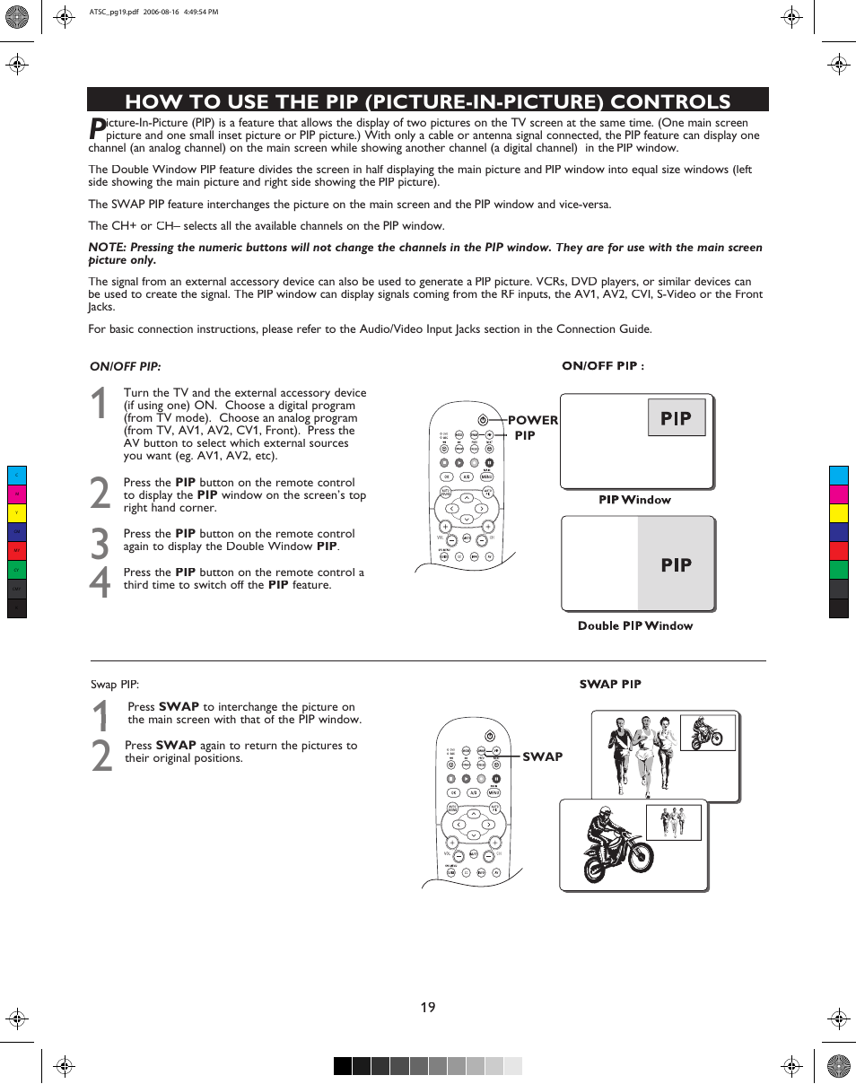 How to use the pip (picture-in-picture) controls | Philips 32PT9100D-37B User Manual | Page 19 / 43