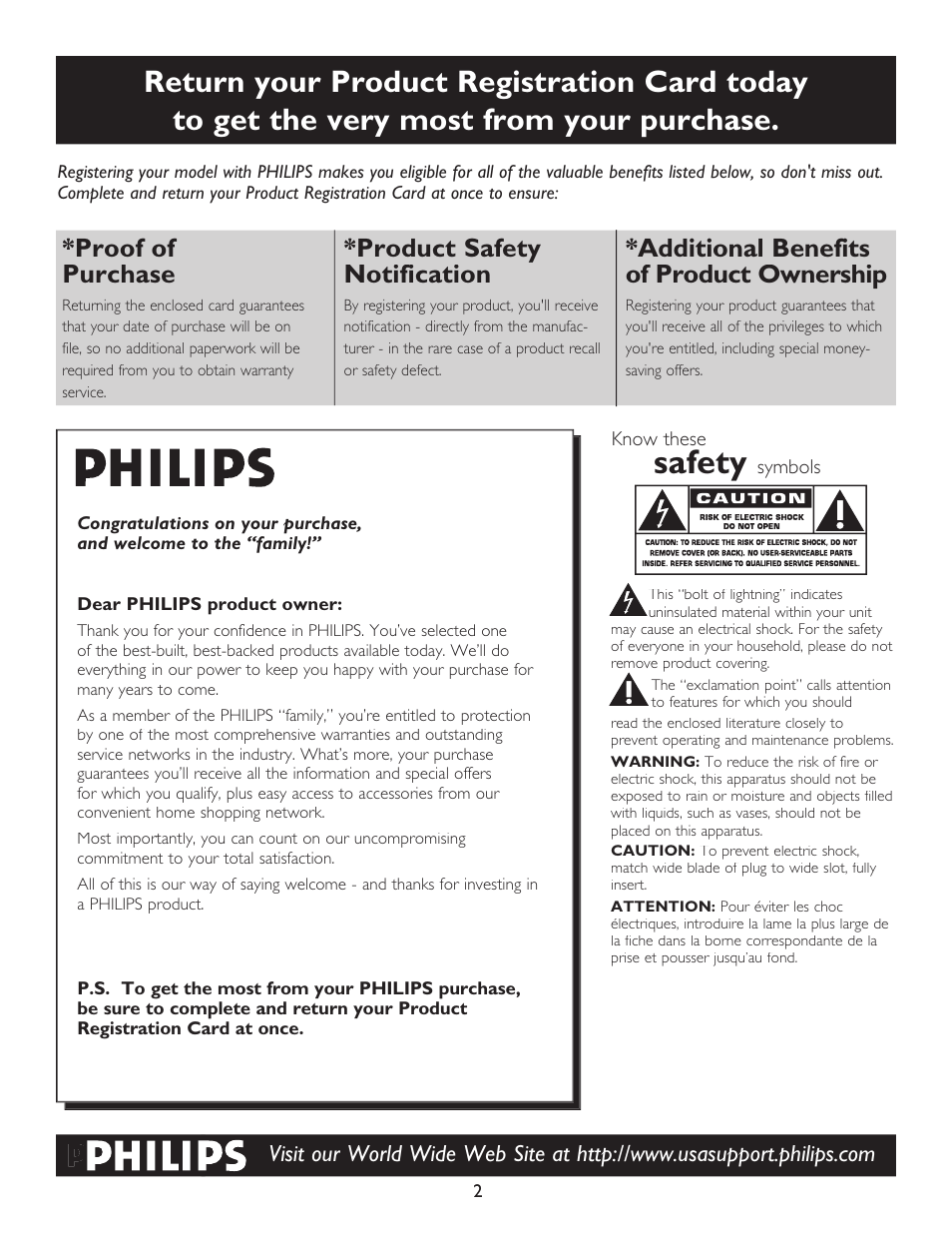 Safety, Proof of purchase, Product safety notification | Additional benefits of product ownership | Philips 32PT9100D-37B User Manual | Page 2 / 43