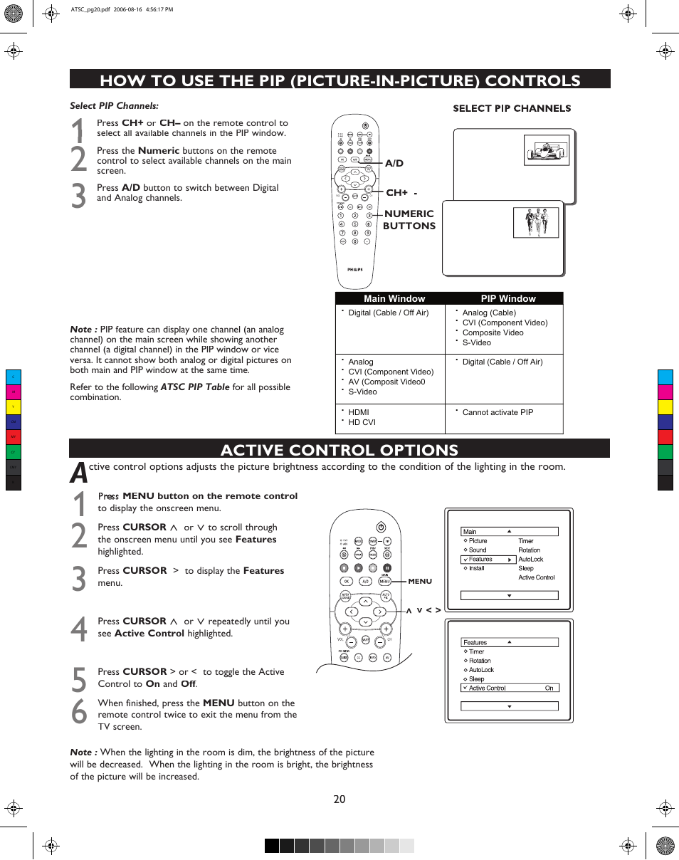 Active control options, How to use the pip (picture-in-picture) controls | Philips 32PT9100D-37B User Manual | Page 20 / 43