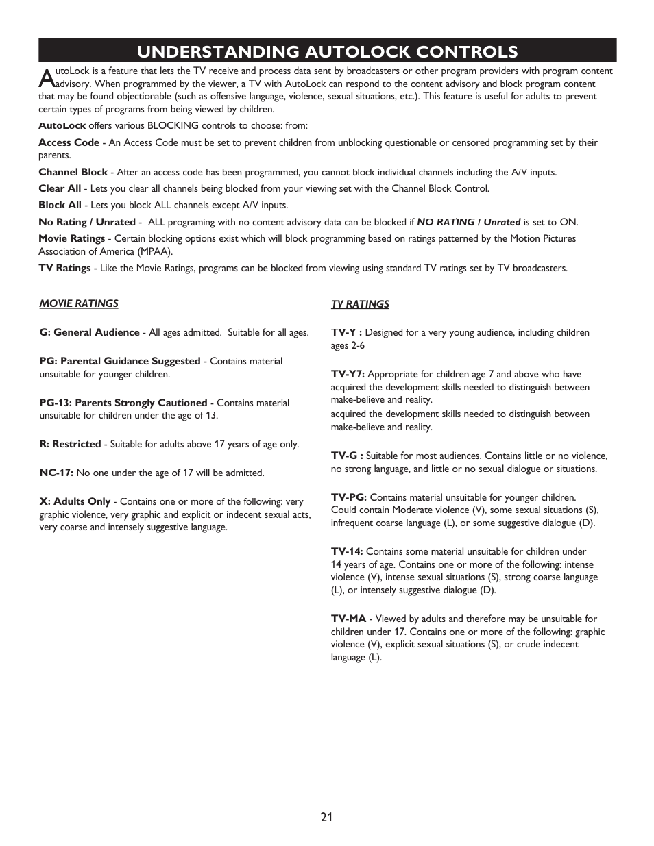 Understanding autolock controls | Philips 32PT9100D-37B User Manual | Page 21 / 43