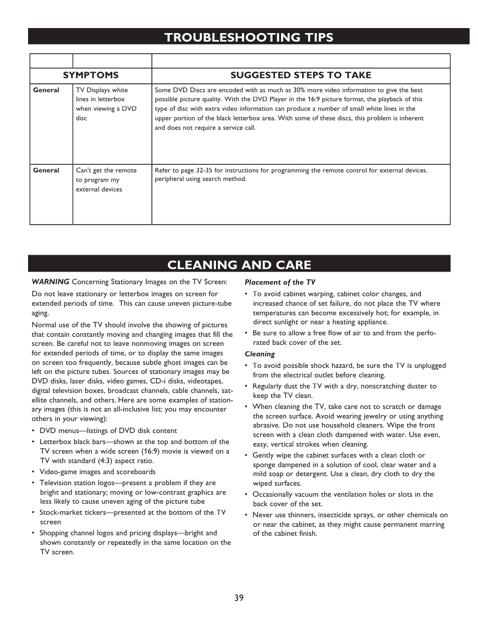 Cleaning and care, Troubleshooting tips | Philips 32PT9100D-37B User Manual | Page 39 / 43