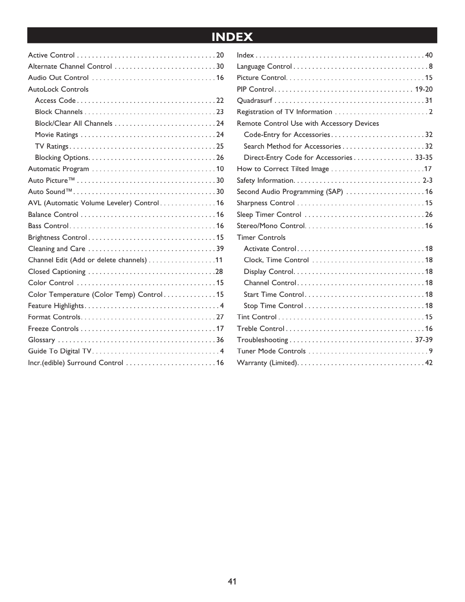 Index | Philips 32PT9100D-37B User Manual | Page 41 / 43