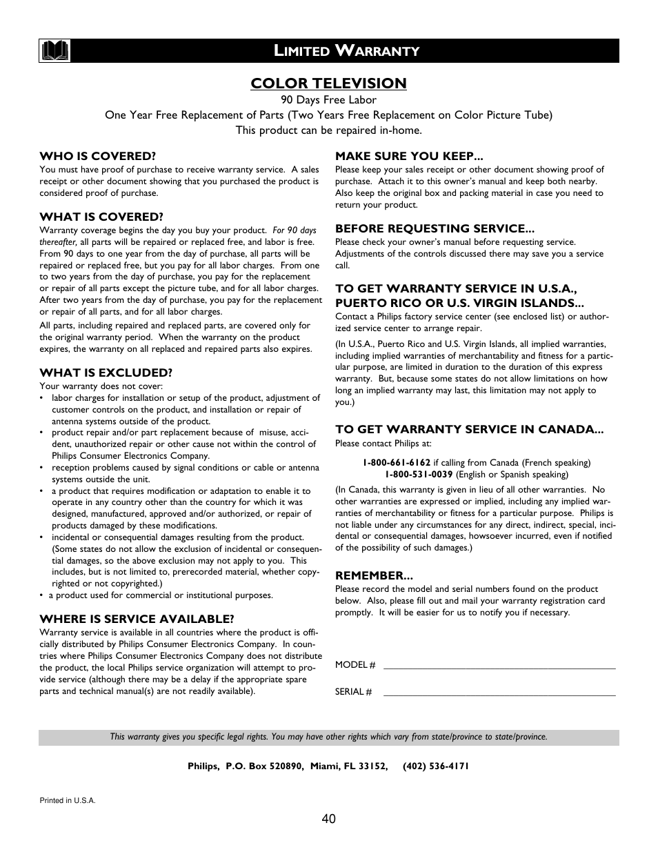 Color television | Philips 27 in Color TV User Manual | Page 40 / 40