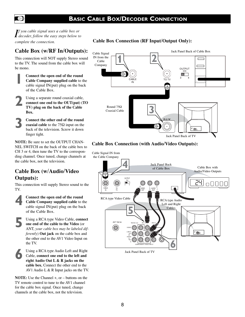 Cable box (w/rf in/outputs), Cable box (w/audio/video outputs) | Philips 27 in Color TV User Manual | Page 8 / 40