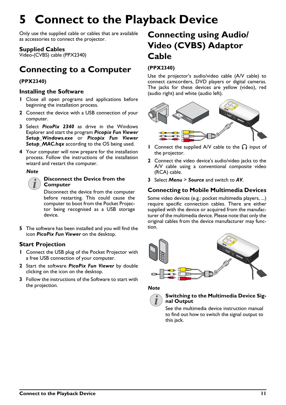 5 connect to the playback device, Connecting to a computer, Connecting using audio/video (cvbs) adaptor cable | Connecting using audio/ video (cvbs) adaptor cable | Philips PPX2340-F7 User Manual | Page 11 / 25