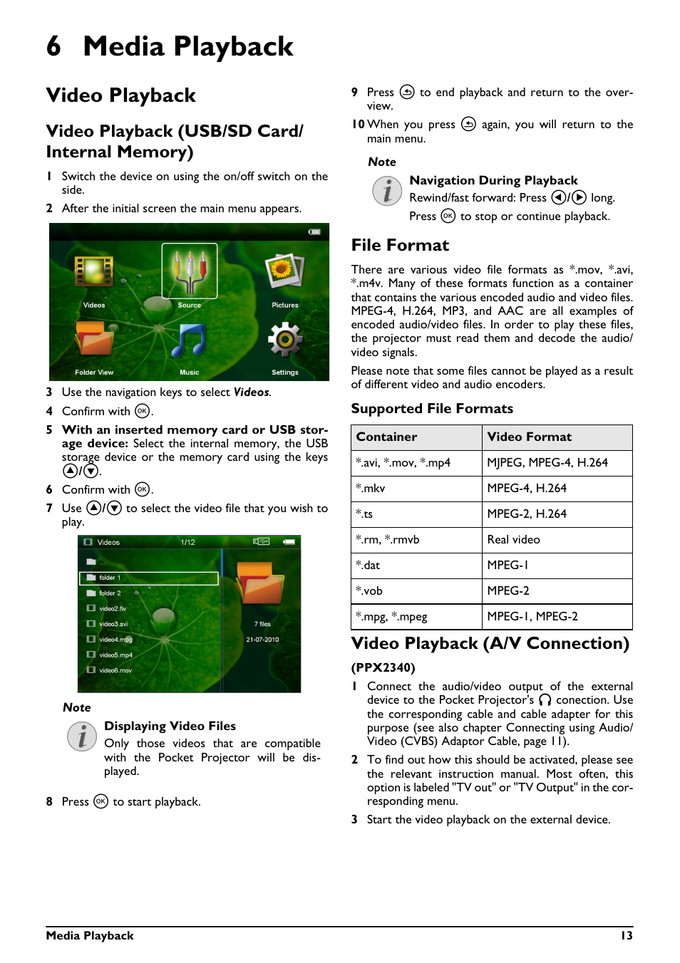 6 media playback, Video playback, File format | Video playback (a/v connection) | Philips PPX2340-F7 User Manual | Page 13 / 25