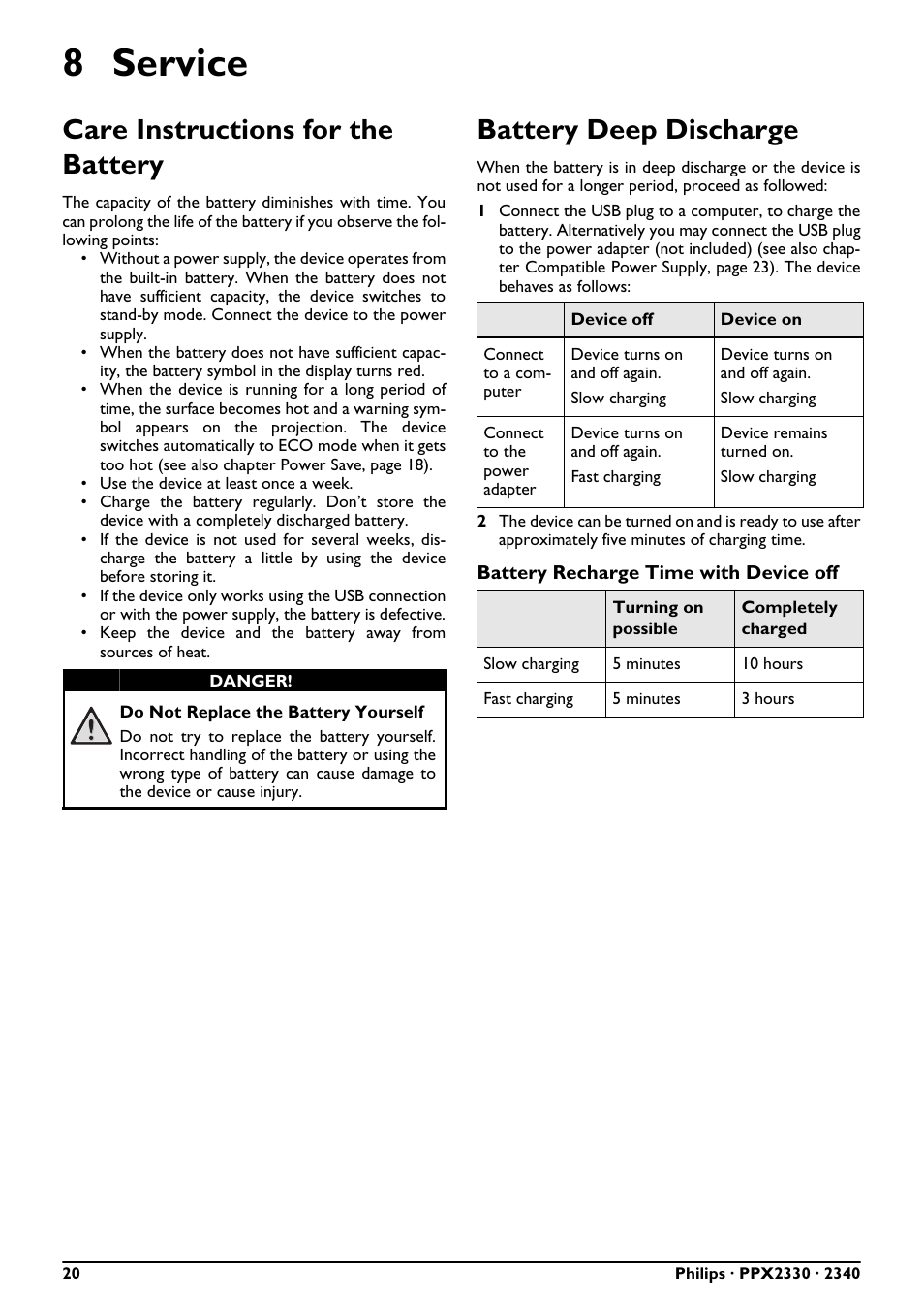 8 service, Care instructions for the battery, Battery deep discharge | Philips PPX2340-F7 User Manual | Page 20 / 25