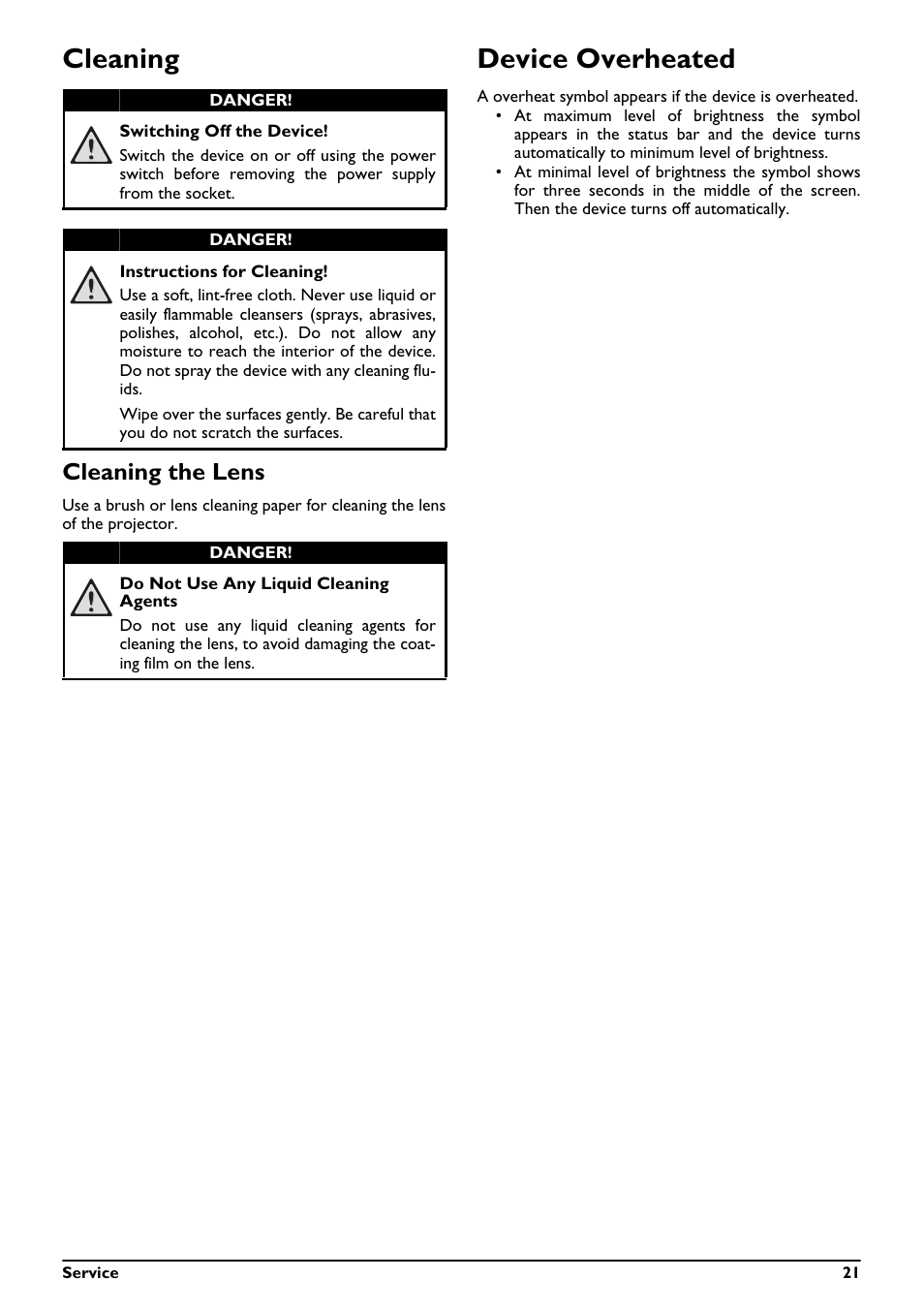 Cleaning, Device overheated, Cleaning the lens | Philips PPX2340-F7 User Manual | Page 21 / 25