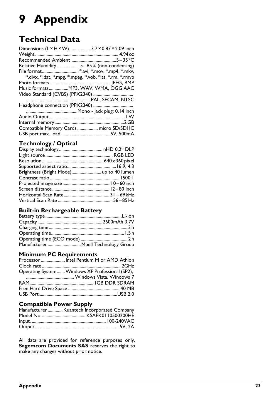 9 appendix, Technical data | Philips PPX2340-F7 User Manual | Page 23 / 25
