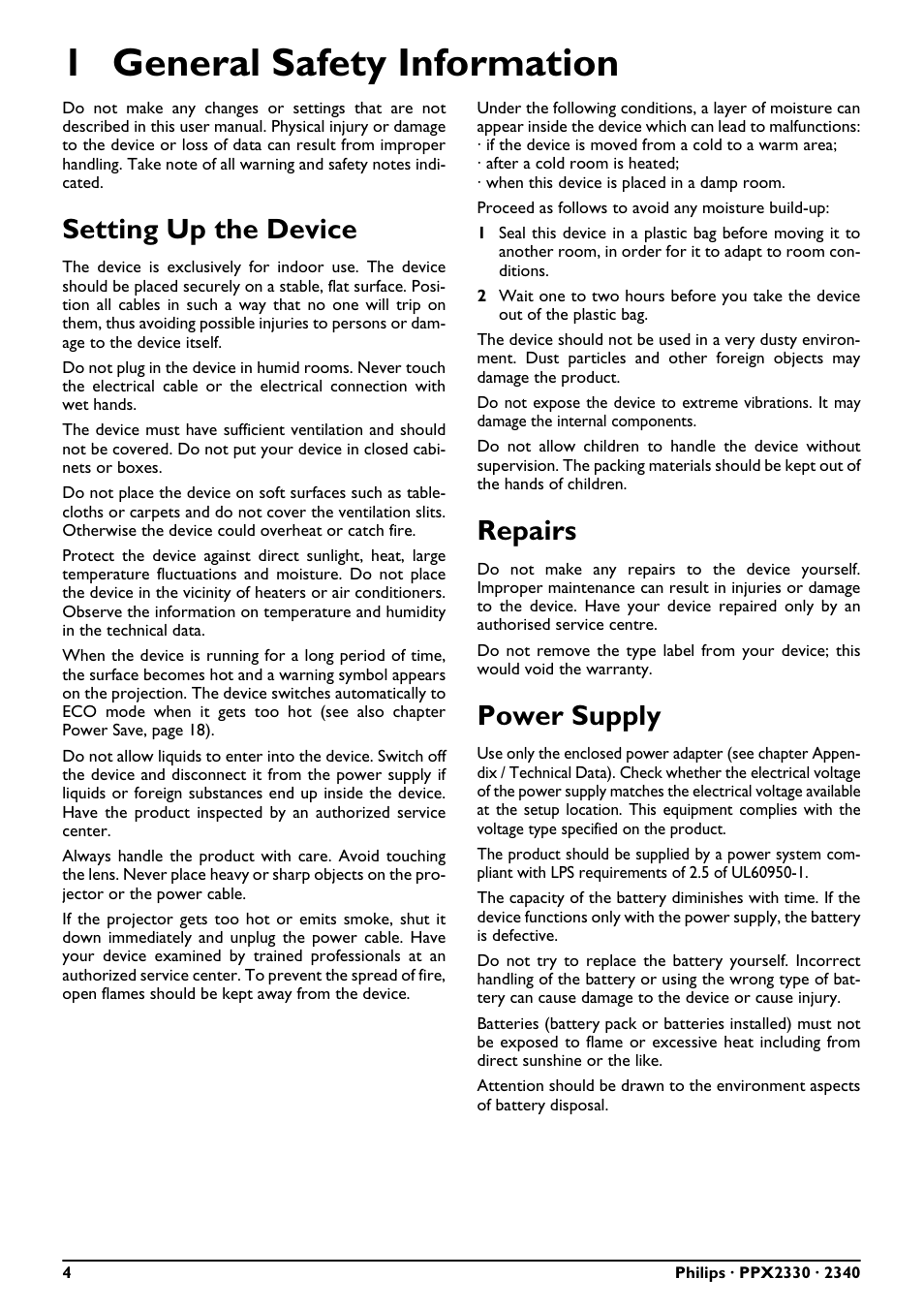 1 general safety information, Setting up the device, Repairs | Power supply | Philips PPX2340-F7 User Manual | Page 4 / 25