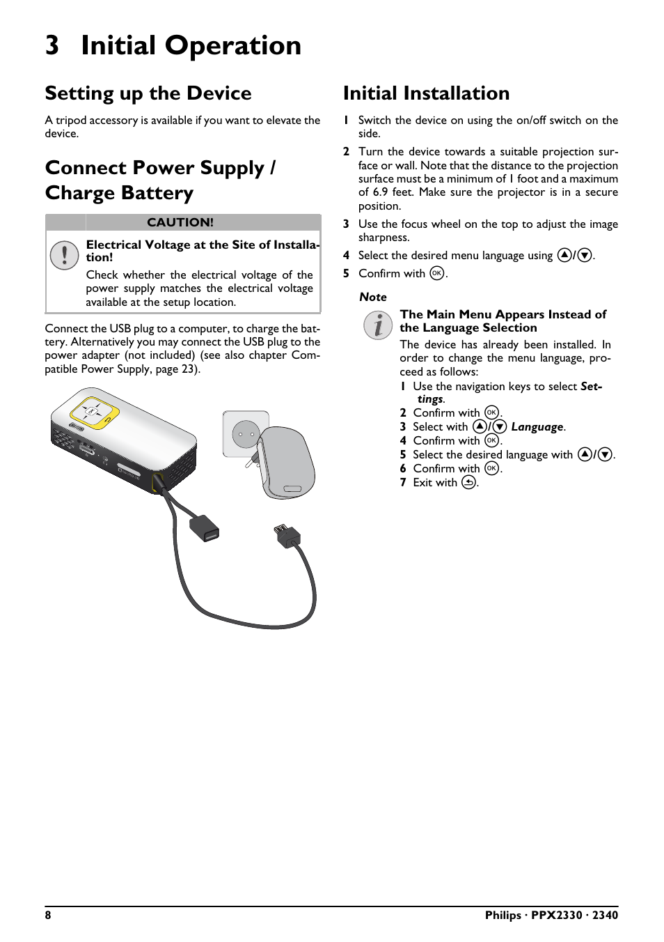 3 initial operation, Setting up the device, Connect power supply / charge battery | Initial installation | Philips PPX2340-F7 User Manual | Page 8 / 25