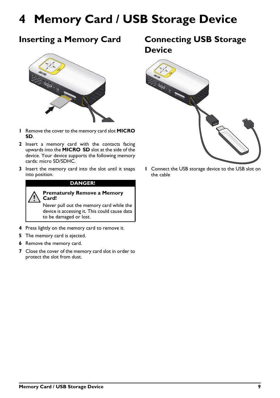 4 memory card / usb storage device. 9, Inserting a memory card, Connecting usb storage device | Philips PPX2340-F7 User Manual | Page 9 / 25