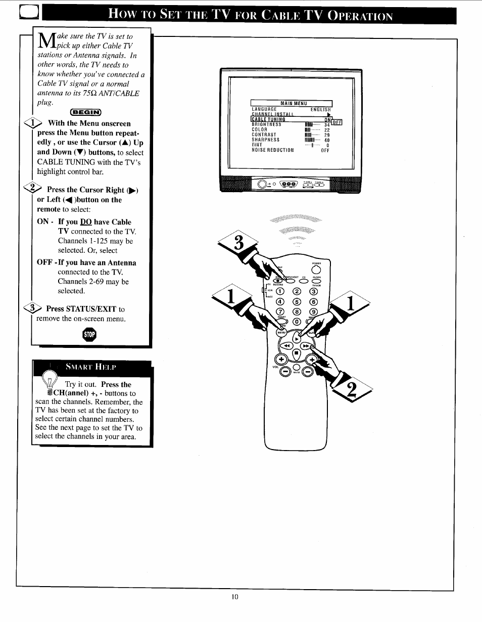 How to set the tv eor cabee tv operation, How to set the tv for cable tv operation | Philips PPC136C User Manual | Page 10 / 36