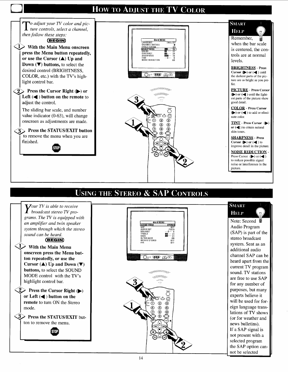 How to a, Tv c, Usin(i | Djust, Olor, Tereo, Ontrols | Philips PPC136C User Manual | Page 14 / 36