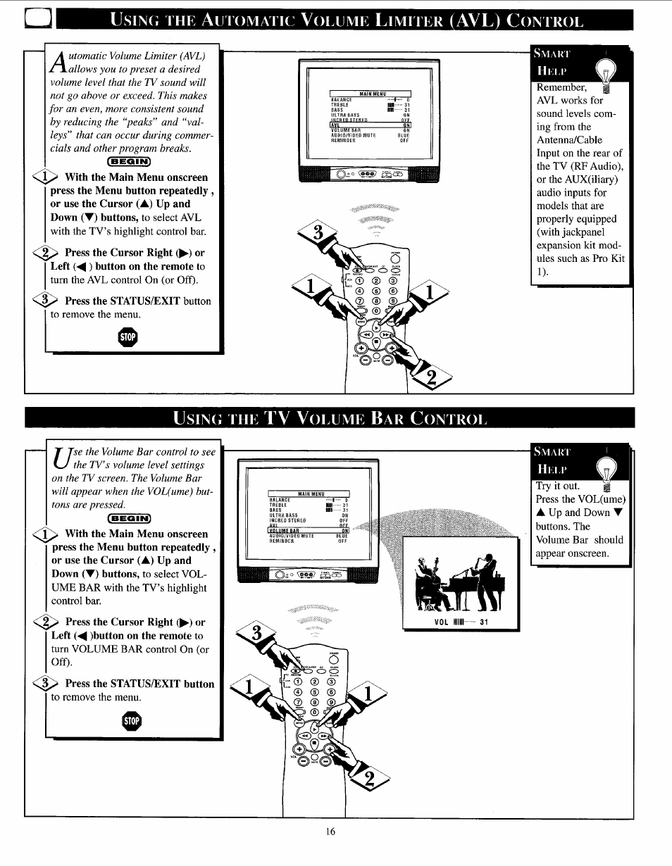 Using the automatic volume limiter (avl) control, Usin(i the tv volume bar control, Using the tv remote control | Using the automatic volume limiter control, Avl) c, Usin(i, Tv v, Sing, Utomatic, Olume | Philips PPC136C User Manual | Page 16 / 36