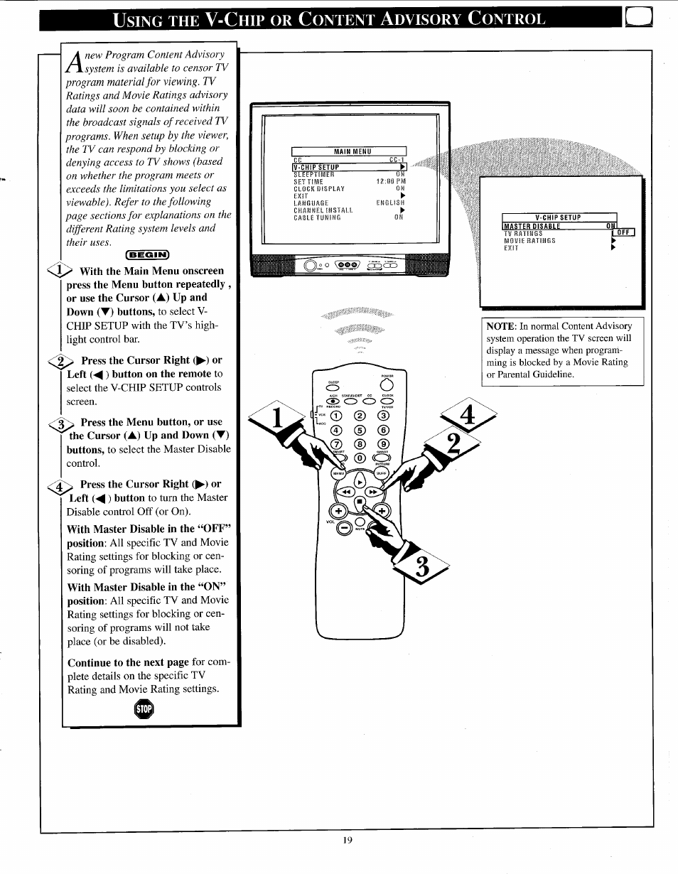 Using the v-chip or content advisory control, Sing, Ontent | Dvisory, Ontrol | Philips PPC136C User Manual | Page 19 / 36