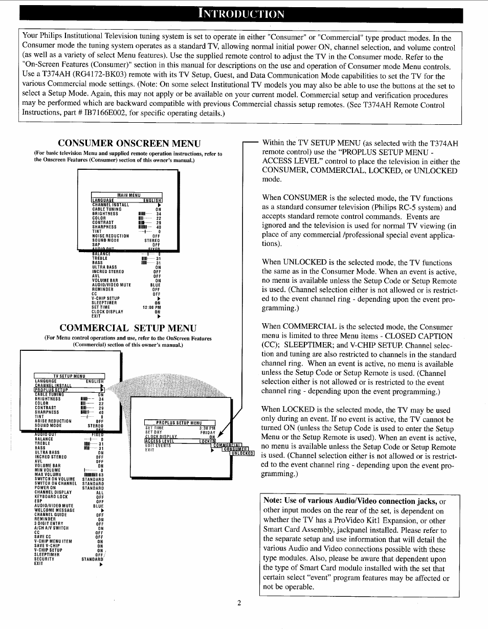 Ntroduction, Consumer onscreen menu, Commercial setup menu | Llli | Philips PPC136C User Manual | Page 2 / 36