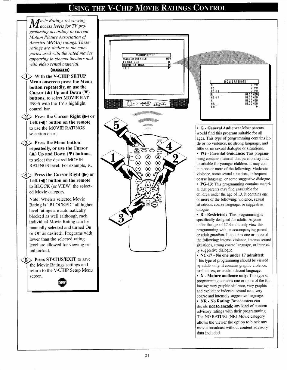 Using the v-chip movie ratings control, Sing, Ovie | Atings, Ontrol | Philips PPC136C User Manual | Page 21 / 36