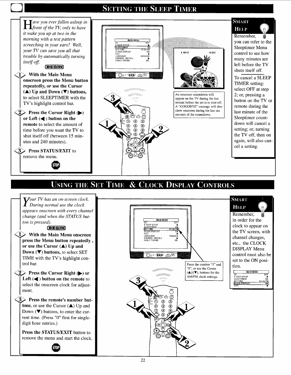 Setting the sleep timer, Usinci the set time & clock display controls, Using the clock display control | Usinci, Etting, Leep, Imer, Lock, Isplay, Ontrols | Philips PPC136C User Manual | Page 22 / 36