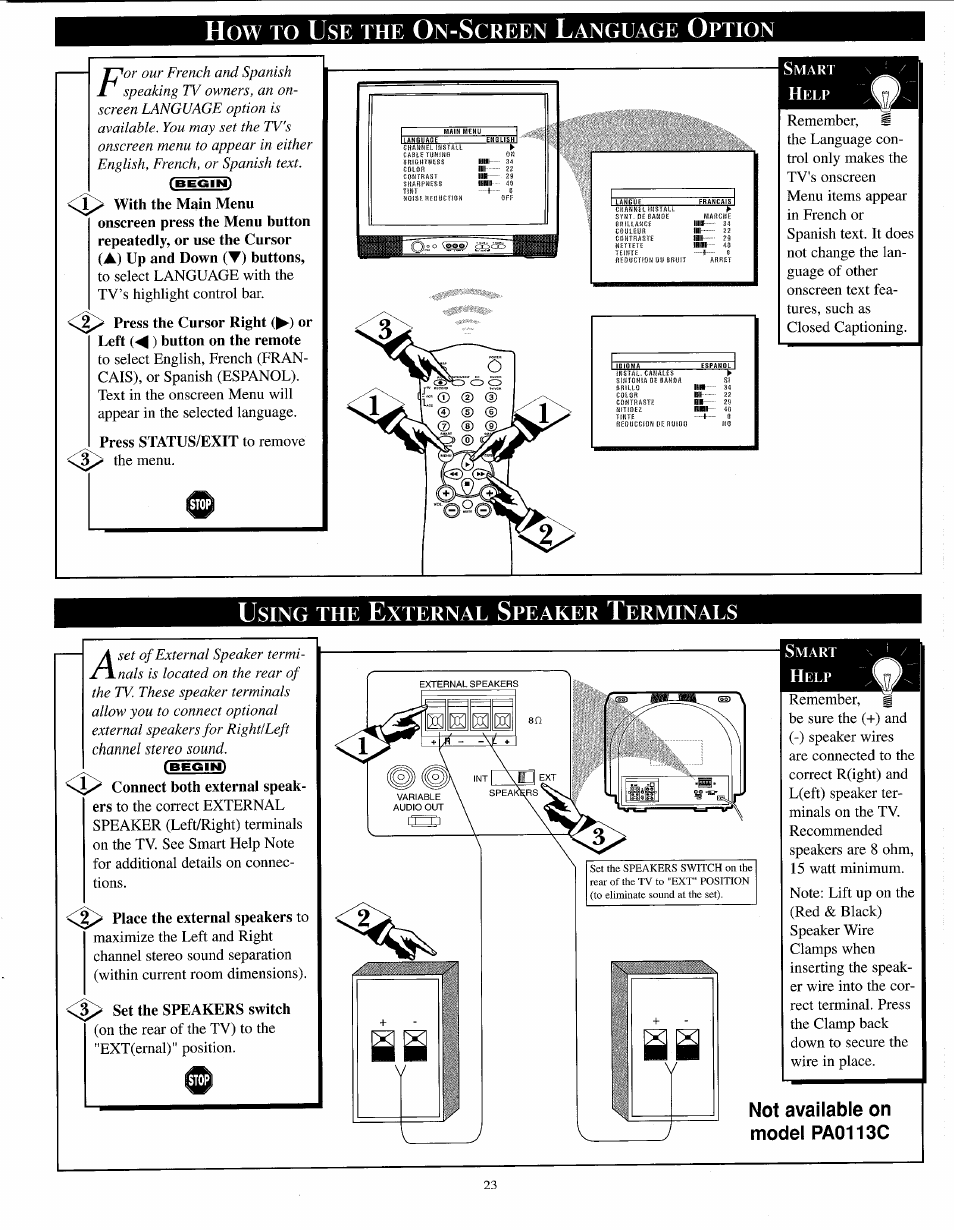 How to use the on-screen language option, Using the external speaker terminals, How to set the on-screen language control | Creen, Anguage, Ption, Sing, Xternal, Peaker, Erminals | Philips PPC136C User Manual | Page 23 / 36