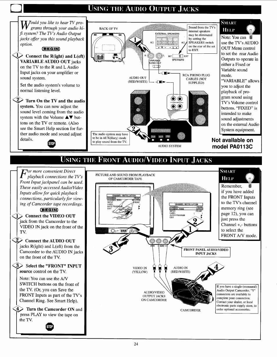 Usin(i the audio output jacks, Usin(i the front audio/video input jacks, Using the audio output jacks | Using the front audior/ideo input jacks, Usin(i the a, Usin(i the f | Philips PPC136C User Manual | Page 24 / 36