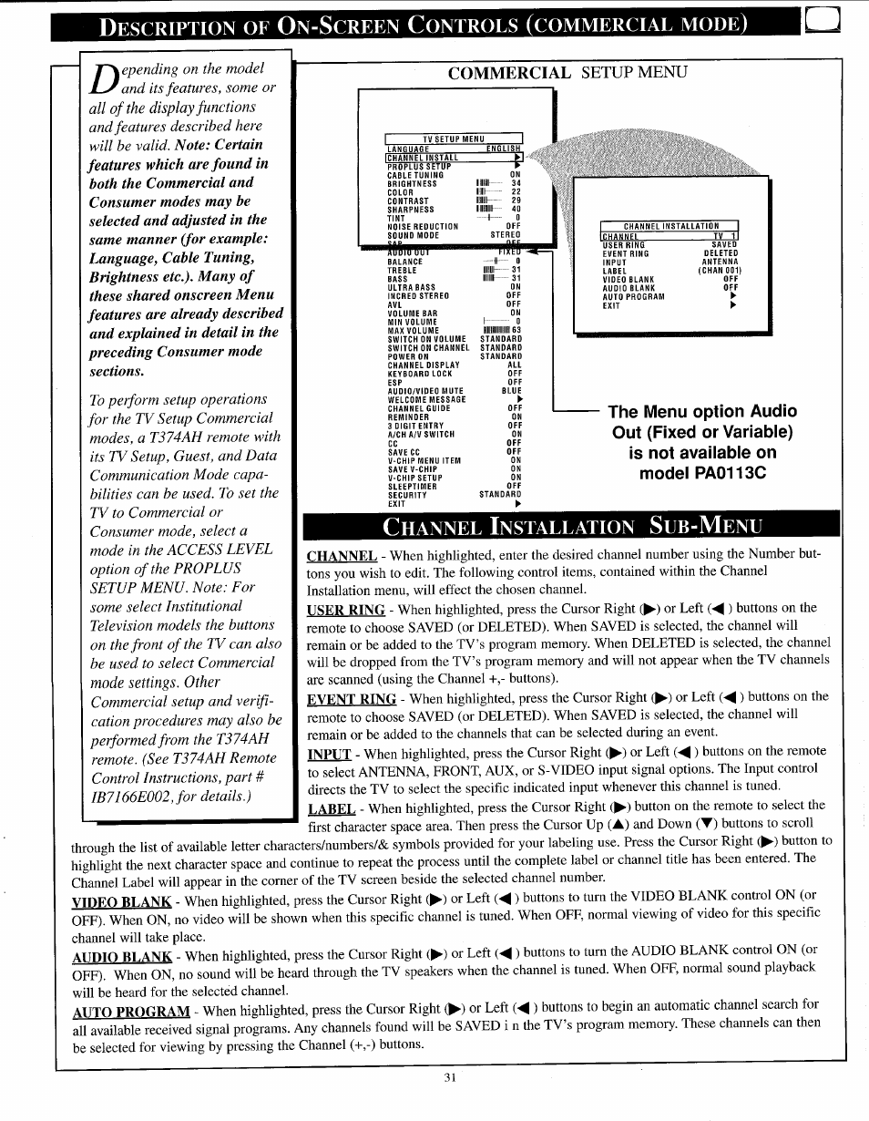 Channel installation sub-menu, Escription, Creen | Ontrols, Commercial, Mode, Hannel, Nstallation, Commercial setup menu | Philips PPC136C User Manual | Page 31 / 36