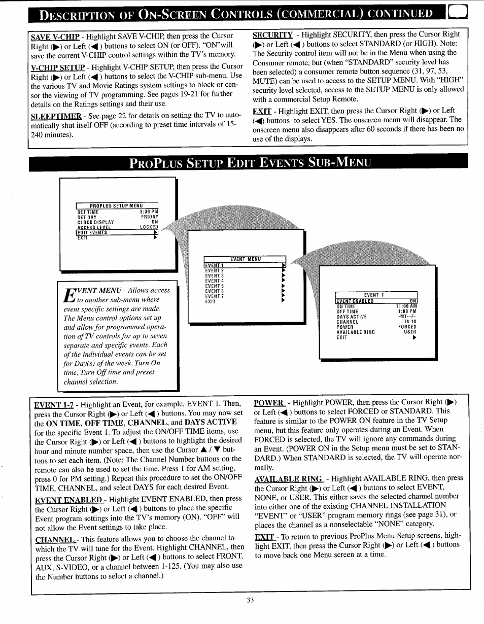 Proplus setup edit events sub-menu, Escription, Creen | Ontrols, Commercial, Continued, Etup, Vents | Philips PPC136C User Manual | Page 33 / 36