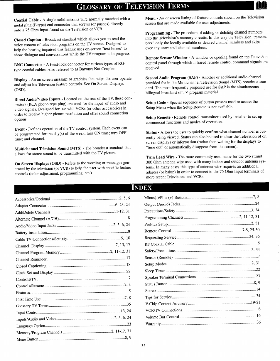 Glossary of television terms, Index, Lossary | Elevision, Erms, Ndex | Philips PPC136C User Manual | Page 35 / 36