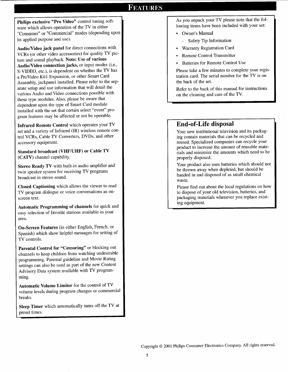 Features, End-of-life disposal, Eatures | Philips PPC136C User Manual | Page 5 / 36