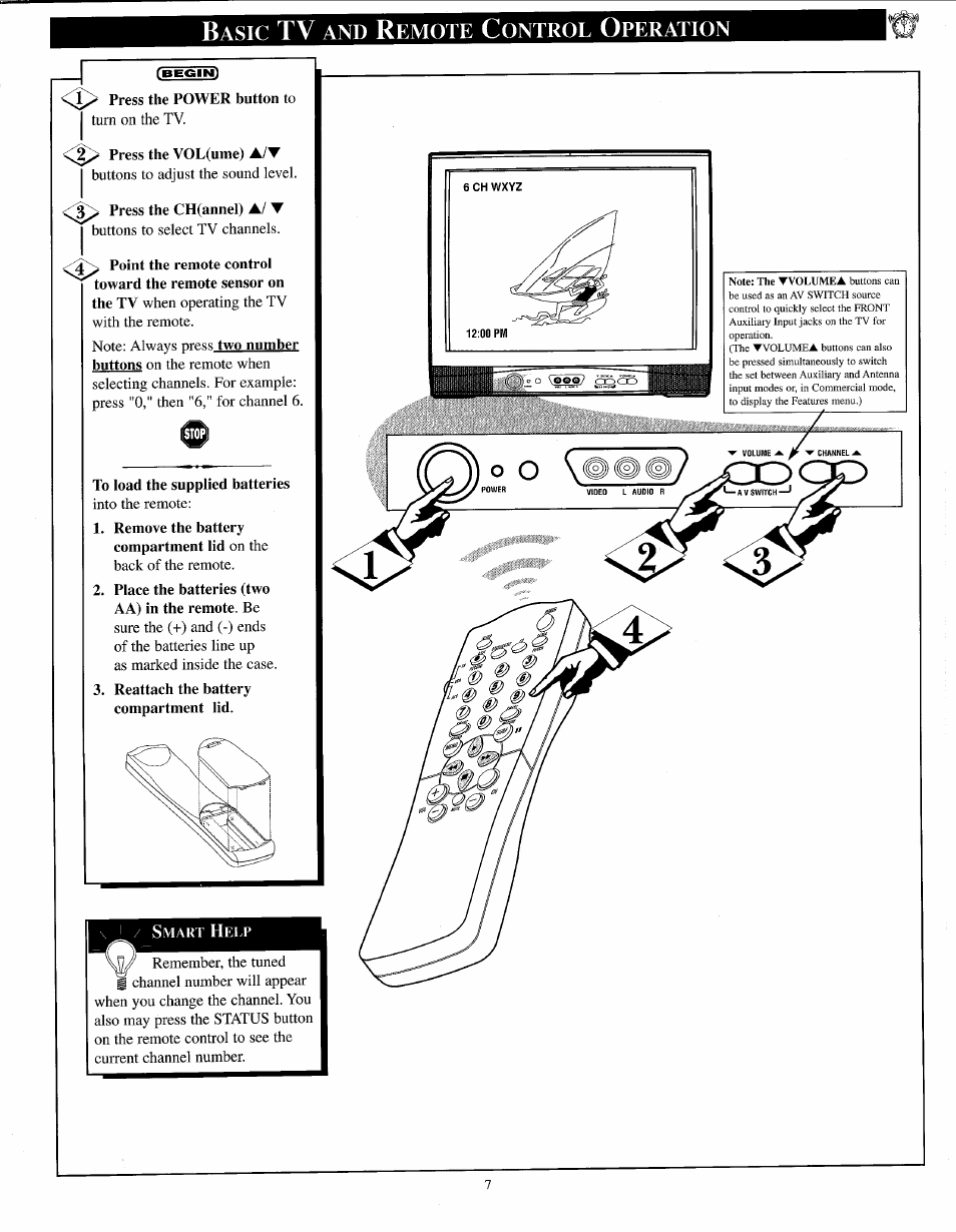 Basic tv and remote control operation, Press the power button to, Press the vol(ume) a/t | Press the ch(annel) a/ t, To load the supplied batteries, Remove the battery compartment lid on the, Place the batteries (two aa) in the remote. be, Reattach the battery compartment lid | Philips PPC136C User Manual | Page 7 / 36