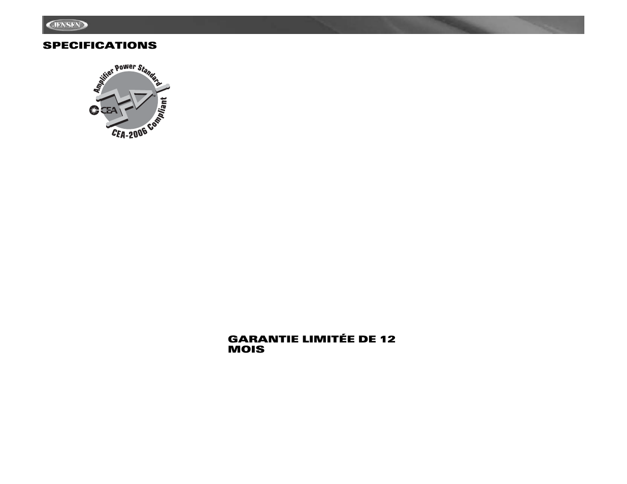 Vm9511ts specifications, Garantie limitée de 12 mois | Jensen VM9511TS User Manual | Page 118 / 118