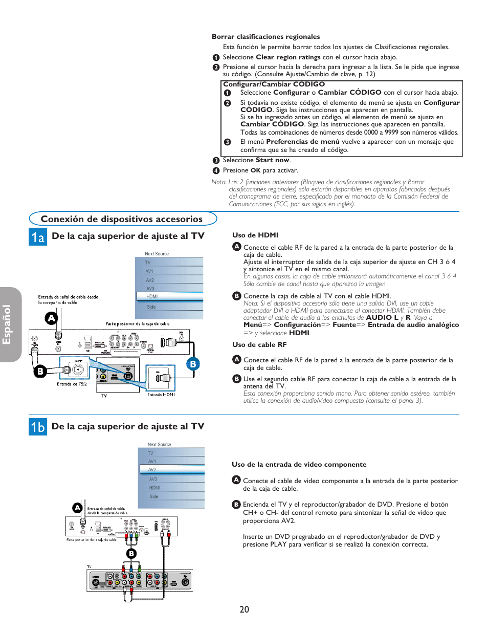 Español, Conexión de dispositivos accesorios, De la caja superior de ajuste al tv | Philips 42PF5421D-37 User Manual | Page 104 / 123