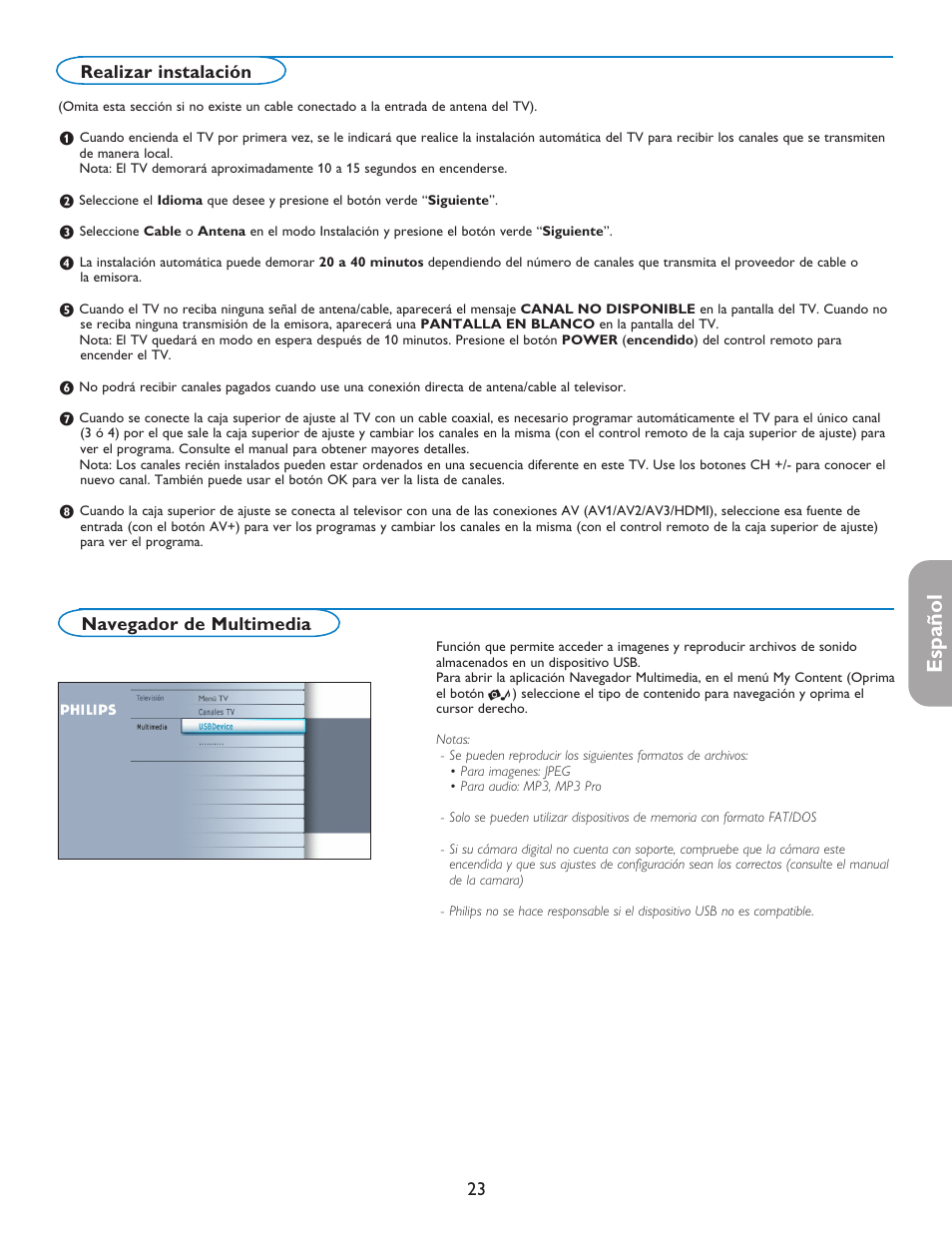 Español, Navegador de multimedia, Realizar instalación | Philips 42PF5421D-37 User Manual | Page 107 / 123