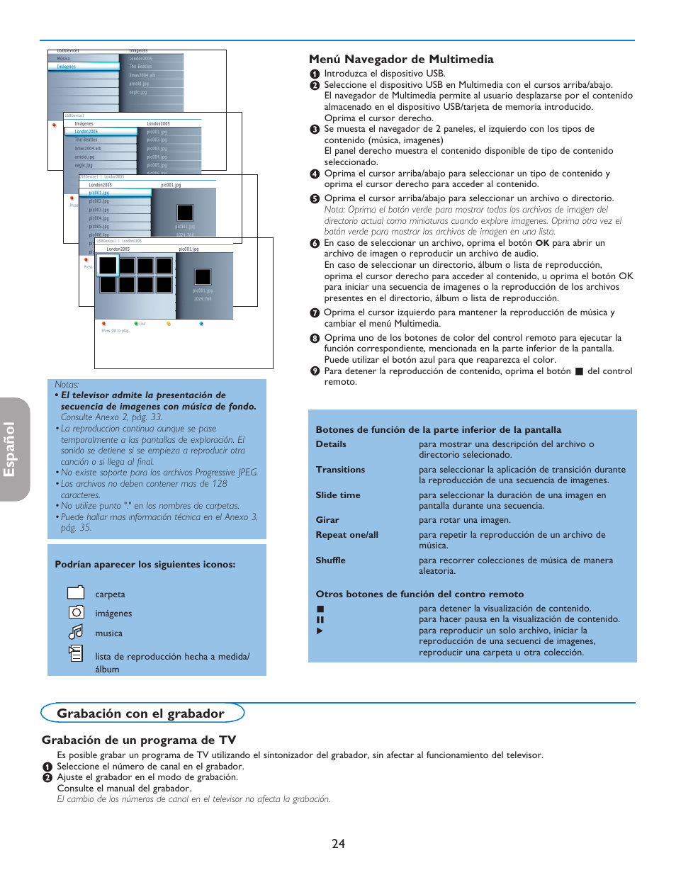 Español, Grabación con el grabador | Philips 42PF5421D-37 User Manual | Page 108 / 123