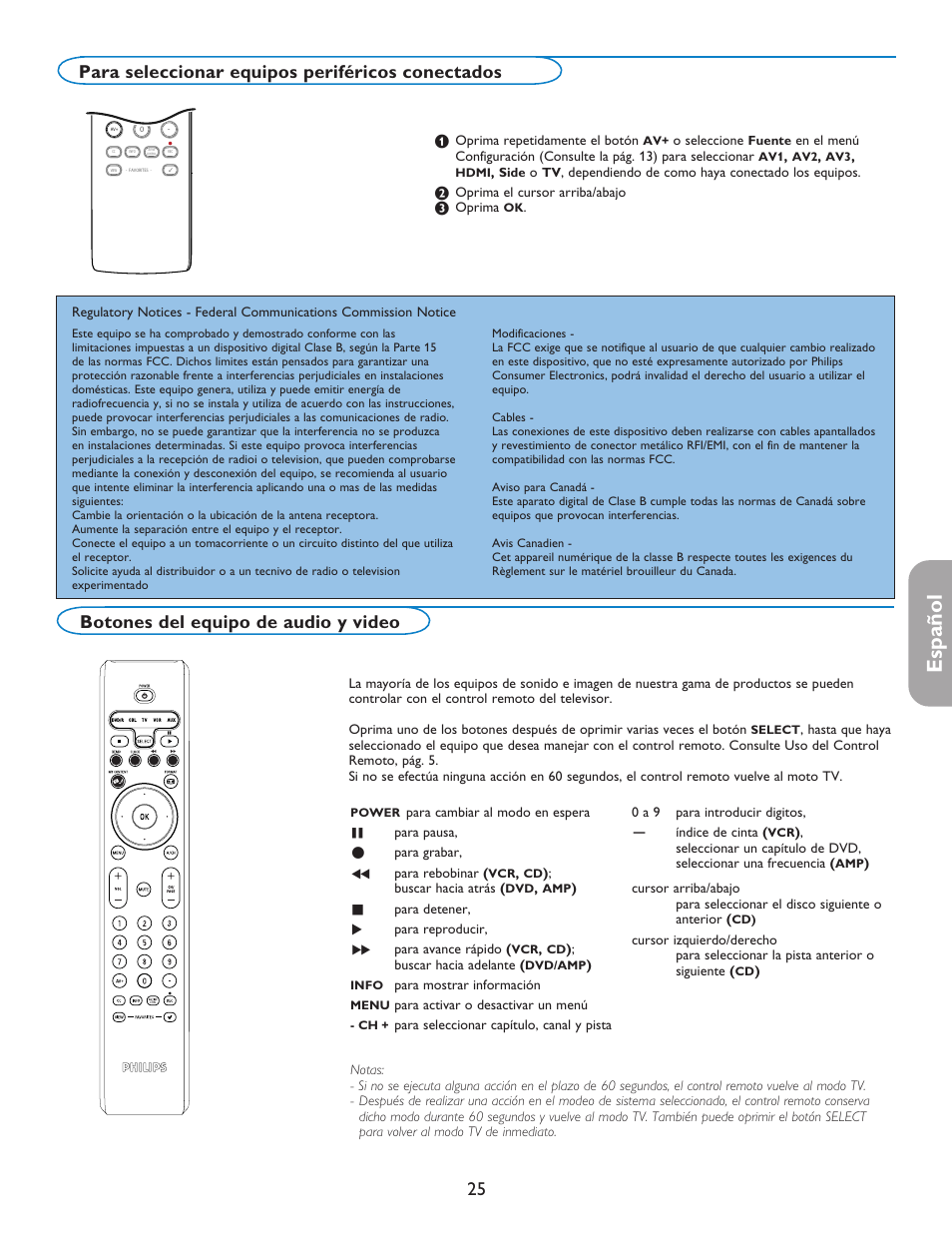 Español, Botones del equipo de audio y video, Para seleccionar equipos periféricos conectados | Philips 42PF5421D-37 User Manual | Page 109 / 123