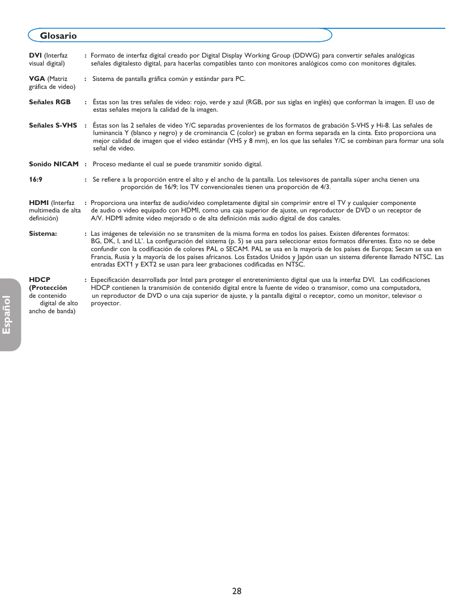 Español, Glosario | Philips 42PF5421D-37 User Manual | Page 112 / 123