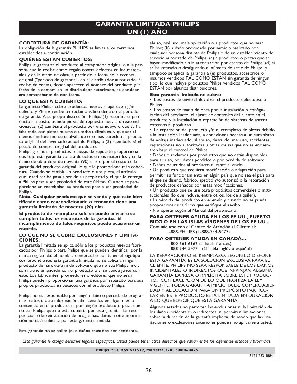 Garantía limitada philips un (1) año | Philips 42PF5421D-37 User Manual | Page 120 / 123