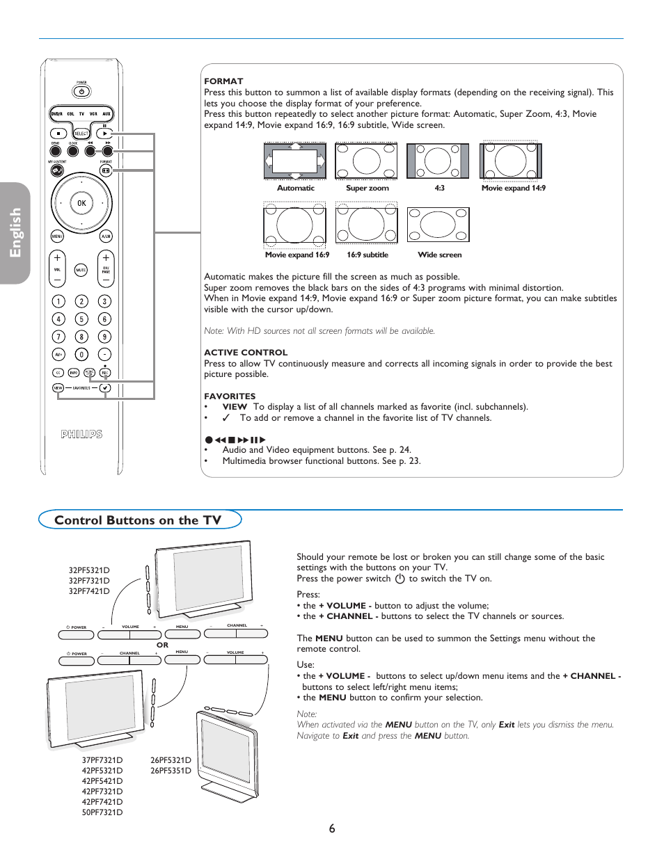 English française español, Control buttons on the tv | Philips 42PF5421D-37 User Manual | Page 14 / 123