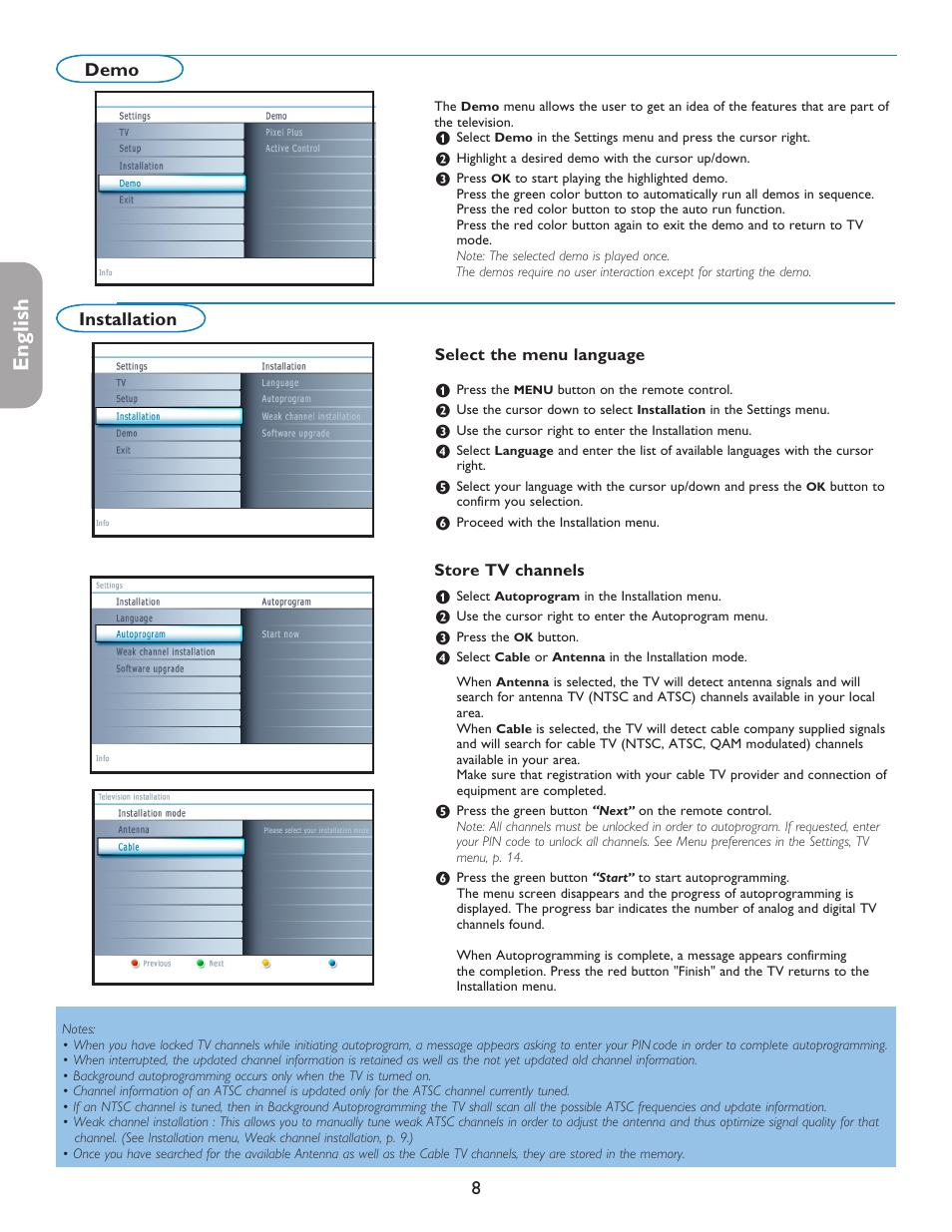 English française español, Installation, Demo | Philips 42PF5421D-37 User Manual | Page 16 / 123